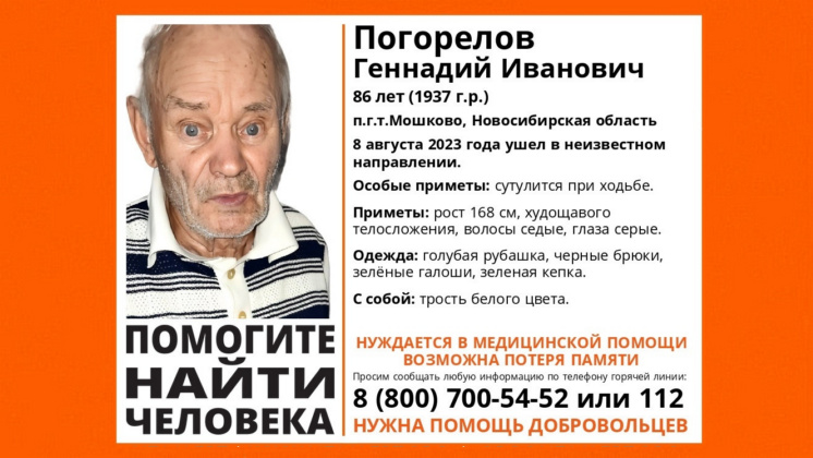 Под Новосибирском пропал без вести сутулый 86-летний дедушка в зеленых галошах
