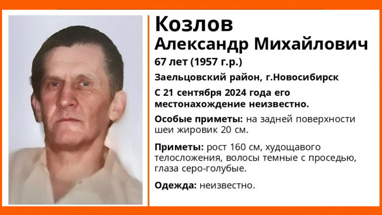 В Новосибирске без вести пропал 67-летний мужчина с большим жировиком на шее